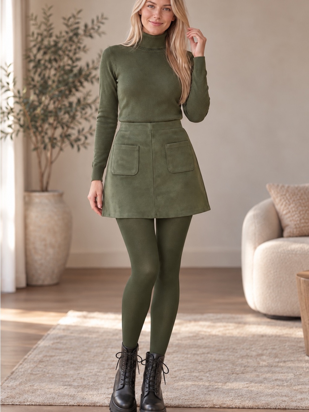 Rewash Olive Mini Skirt with Front Pockets medium faux suede